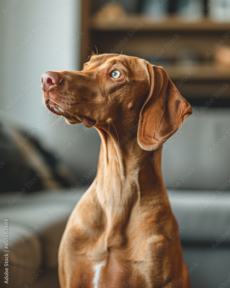 elegant Vizsla dog sitting in the living room, looking up at something elegant Vizsla dog sitting in the living room, looking up at something