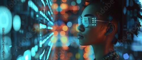 Wallpaper Mural A closeup of an African American woman's face, with digital data and binary code floating around her in the background. 
 Torontodigital.ca