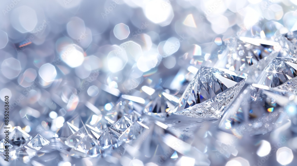 close-up view of sparkling, multifaceted diamonds scattered across a reflective surface, with a bokeh effect close-up view of sparkling, multifaceted diamonds scattered across a reflective surface, with a bokeh effect