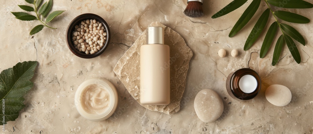 Natural skincare products on a beige background with green leaves. Natural skincare products on a beige background with green leaves.