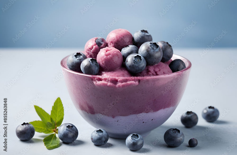 Blueberry sorbet in a bowl, refreshing tasty summer Blueberry sorbet in a bowl, refreshing tasty summer