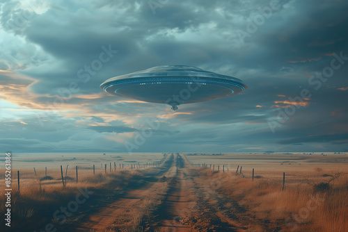 flying saucer alien spaceship in the sky over a farm field with a dirt road and cloudy sky. UFO 