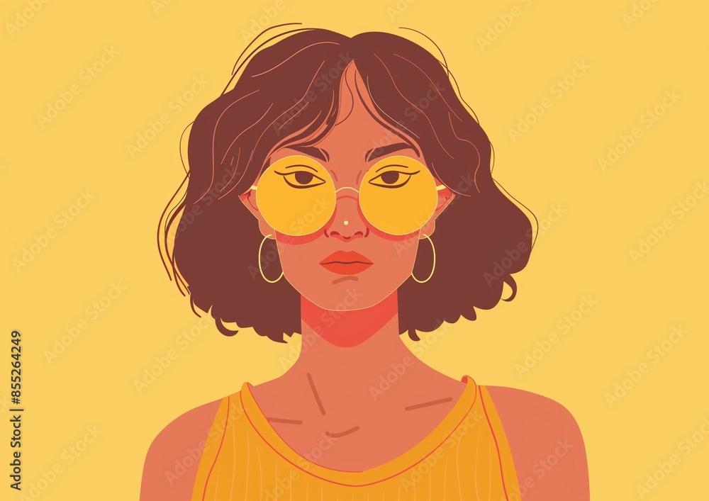 Stylish Woman with Short Hair and Yellow Sunglasses on Yellow Background. Stylish Woman with Short Hair and Yellow Sunglasses on Yellow Background.