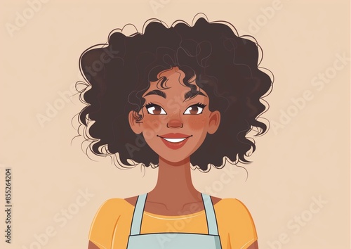 Smiling Young Woman with Curly Hair Cartoon Portrait on Light Background.