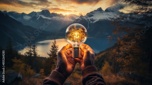 A person holding a bulb that shows a sunrise over a landscape, symbolizing new beginnings and the dawn of inspiration  photo