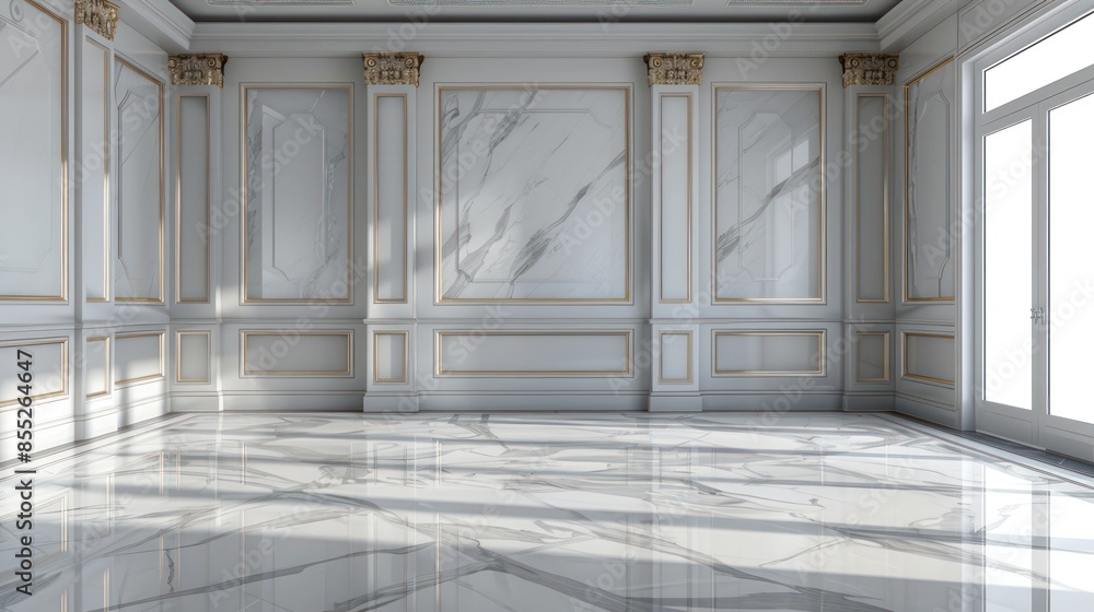 An elegant and spacious interior room featuring high ceilings, classical wall paneling, and reflective marble flooring An elegant and spacious interior room featuring high ceilings, classical wall paneling, and reflective marble flooring