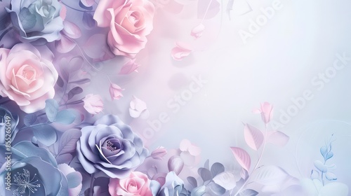 A serene and elegant floral background featuring pastel-colored roses, leaves, and subtle butterfly motifs in a harmonious design