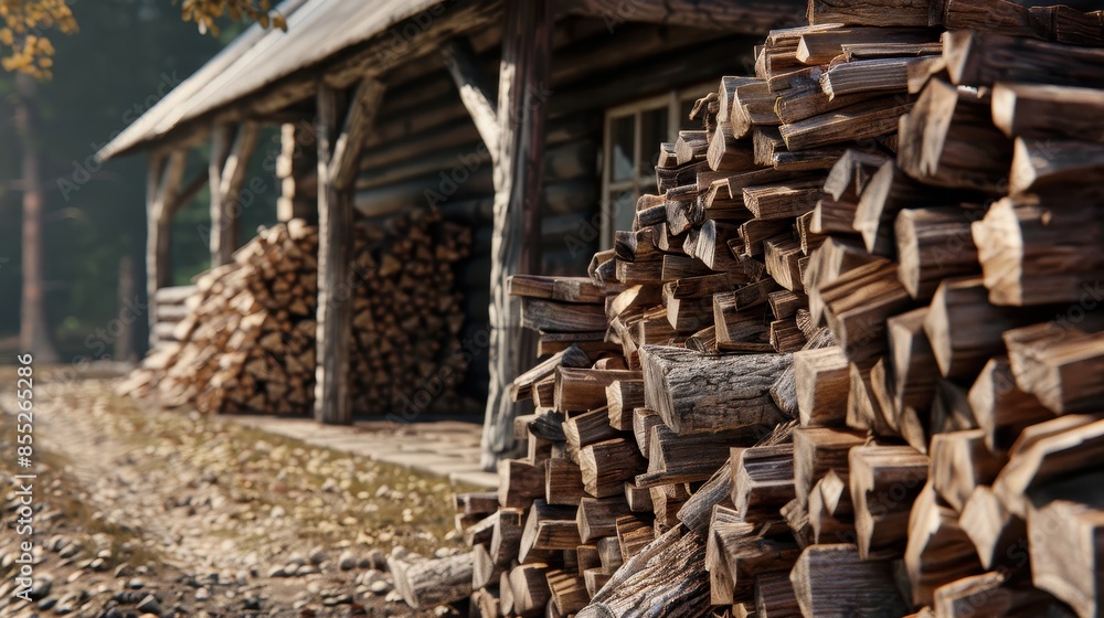 Stacked firewood outside a rustic cabin, ready for use. Suitable for countryside and outdoor living themes. Stacked firewood outside a rustic cabin, ready for use. Suitable for countryside and outdoor living themes.
