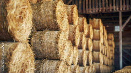 Stacked hay bales in a barn, showcasing a rural and agricultural scene. Suitable for farming and harvest themes.