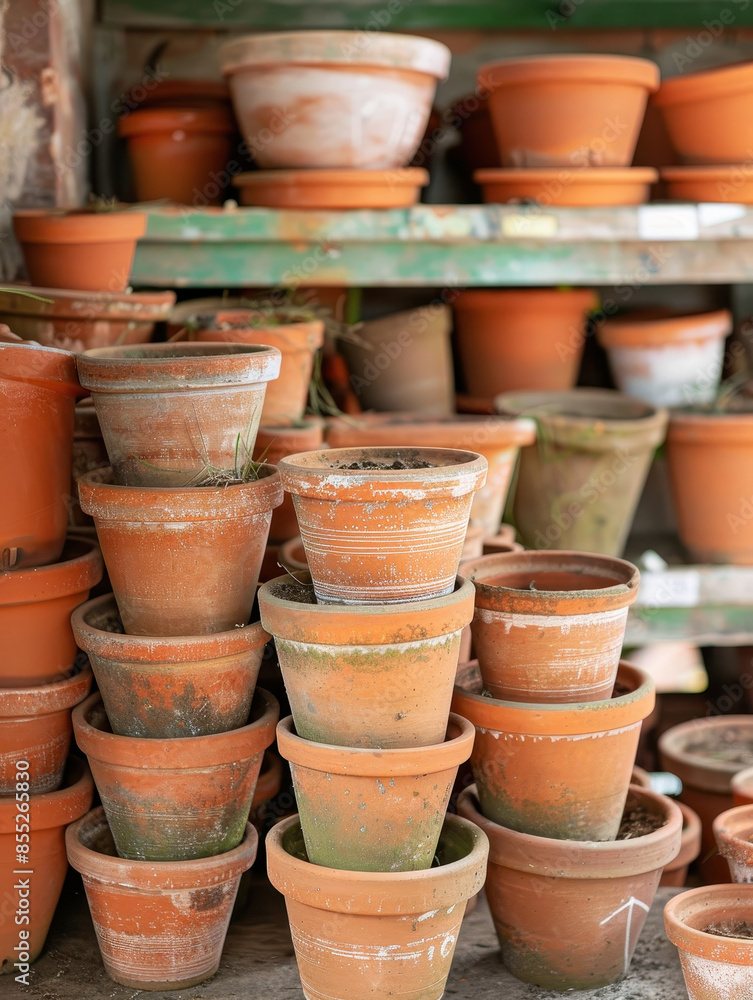 Stacked clay flower pots in a garden centre, ready for planting. Suitable for gardening and horticulture themes. Stacked clay flower pots in a garden centre, ready for planting. Suitable for gardening and horticulture themes.