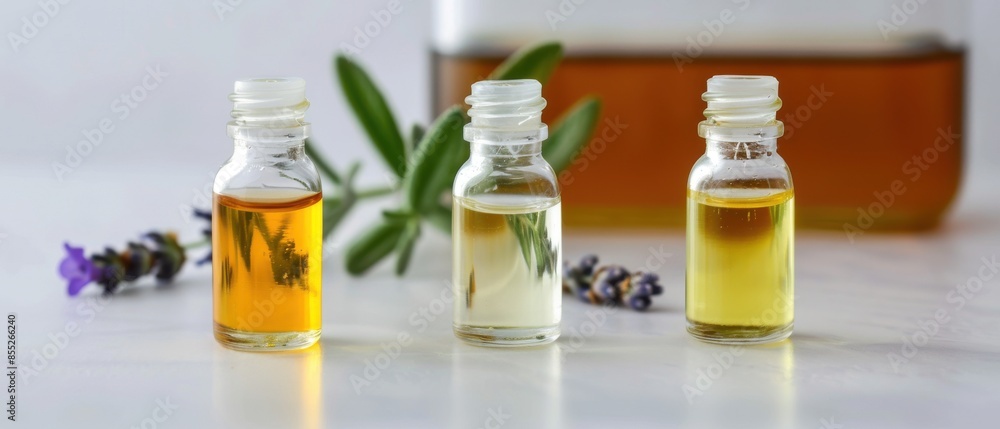 Three glass bottles of essential oil on a white table. Three glass bottles of essential oil on a white table.