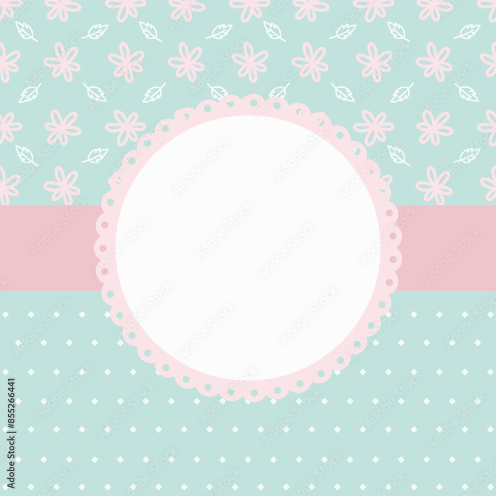 Cute kawaii hand drawn floral blossom with leaves pattern poster frame background