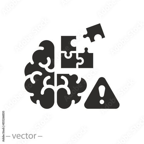 brain with puzzle icon, memory loss or decline, damage mind, forget thought, flat symbol on white background - vector illustration