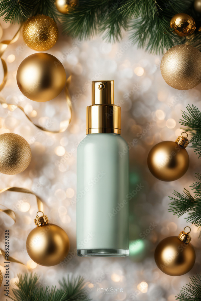 top view of luxury unbranded bottle with cosmetic product on festive Christmas background. Festive presentation of skin care product top view of luxury unbranded bottle with cosmetic product on festive Christmas background. Festive presentation of skin care product
