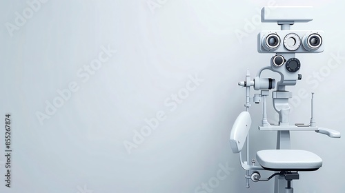 Sleek ophthalmology equipment on a plain background, with ample space for text, perfect for eye care clinics and vision health