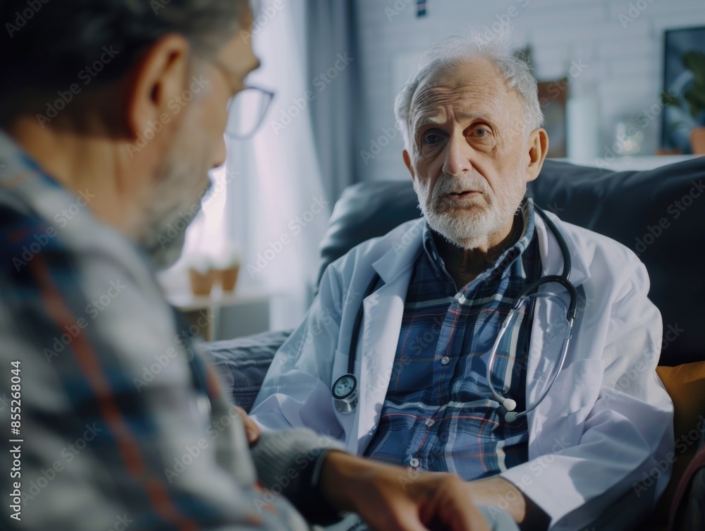 Fototapeta premium A person in a doctor's coat sitting on a couch, possibly waiting for a patient or taking a break