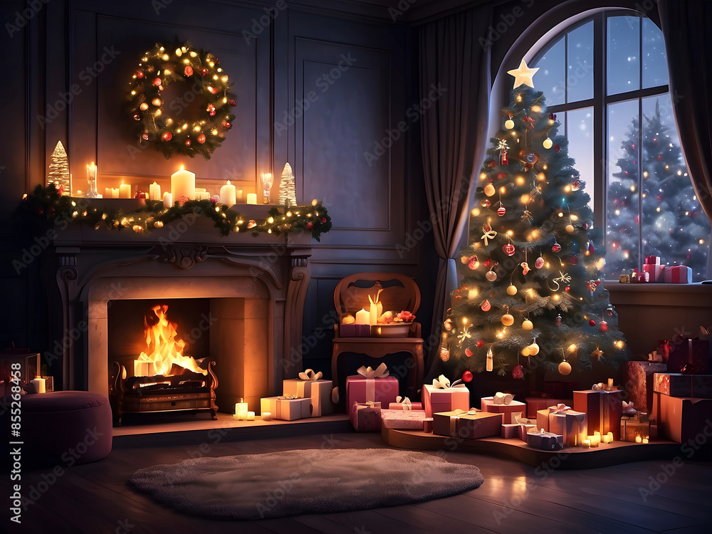 Interior Christmas. magic glowing tree, fireplace, gifts in dark design