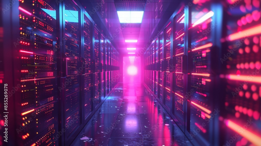 Neon-lit futuristic server room corridor. A brightly illuminated server room with neon lights and high-tech equipment, creating a futuristic and technologically advanced atmosphere. Neon-lit futuristic server room corridor. A brightly illuminated server room with neon lights and high-tech equipment, creating a futuristic and technologically advanced atmosphere.