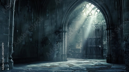 cathedral interior with dramatic light rays coming through a gothic window photo