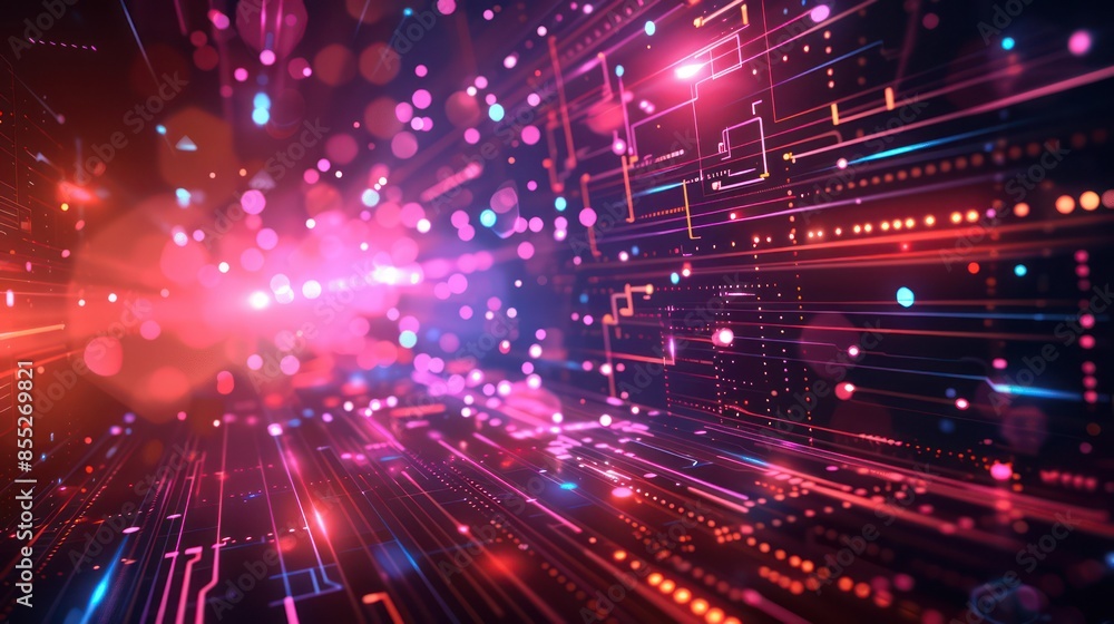 Fototapeta premium Vibrant image of a digital circuit board with glowing lights and a dynamic, zoomed perspective creating a sense of movement and technology advancement