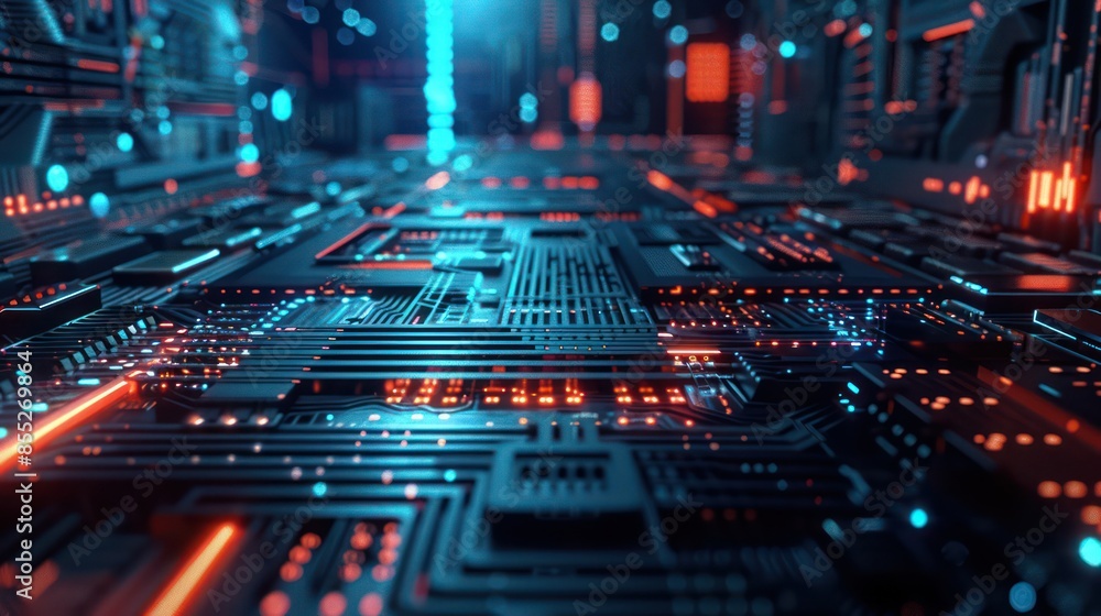 Detailed view of a futuristic circuit board with blue illuminated lines, emphasizing technology and data transmission Detailed view of a futuristic circuit board with blue illuminated lines, emphasizing technology and data transmission