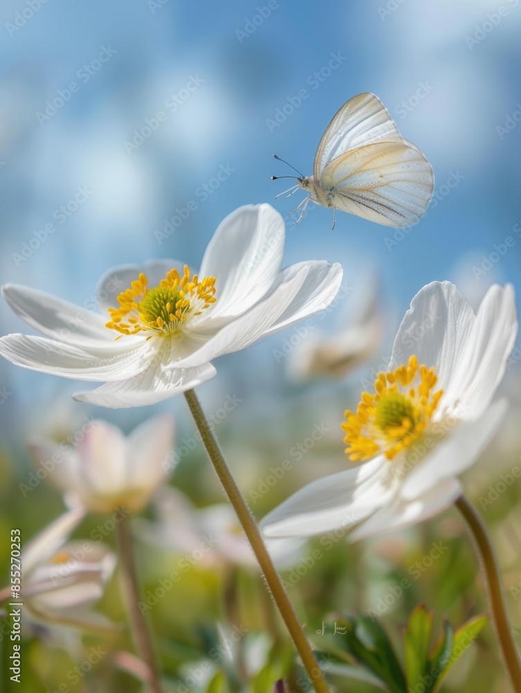 A detailed view of a flower with a butterfly sitting on its petals, ready to feed A detailed view of a flower with a butterfly sitting on its petals, ready to feed