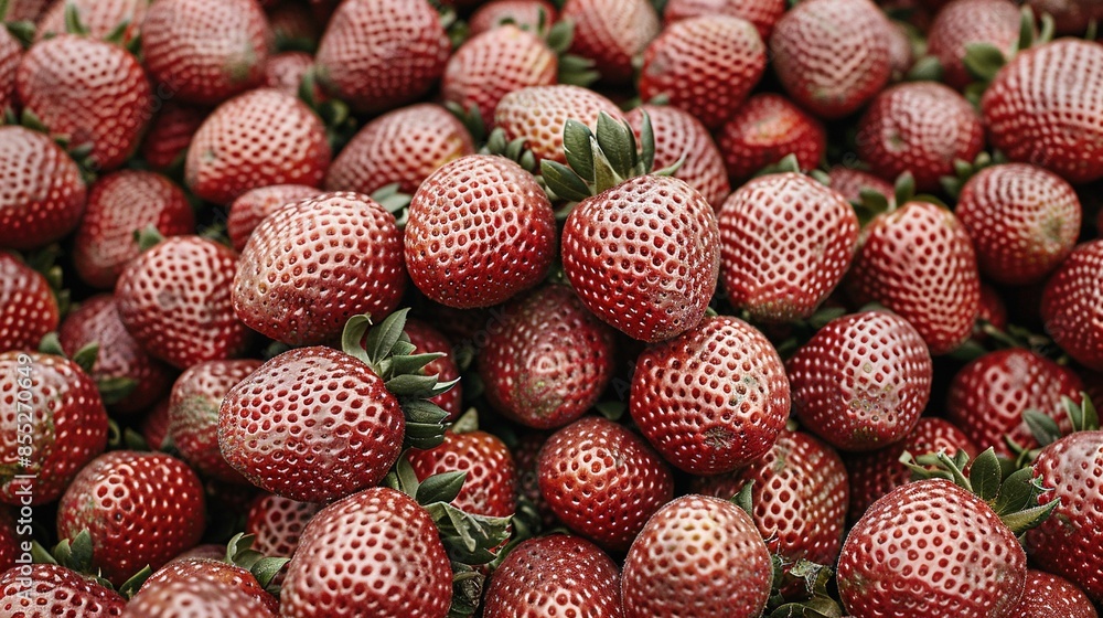 A mound of ripe red strawberries atop a stack of other strawberries, adjacent A mound of ripe red strawberries atop a stack of other strawberries, adjacent