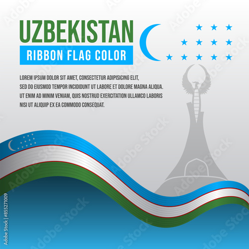 Uzbekistan ribbon flag with Yangi Ozbekiston Monument silhouette and decoration