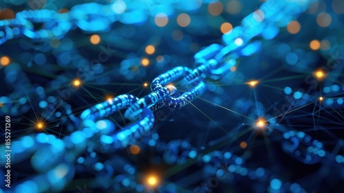 A digital chain is rendered in a 3D style, with blue links and a background of glowing lights and connections. The chain is a visual representation of a secure and connected network.