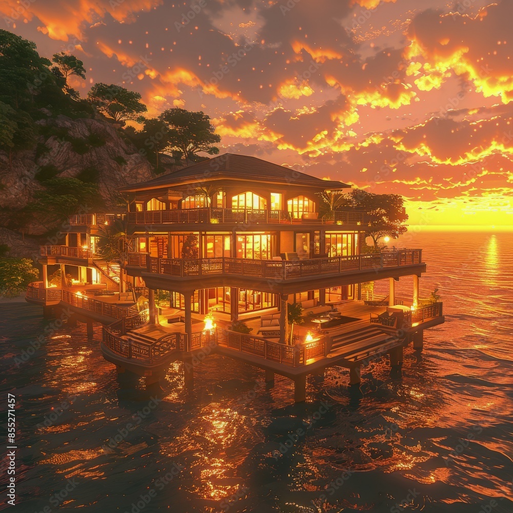 Fototapeta premium Sunset Hut on Water