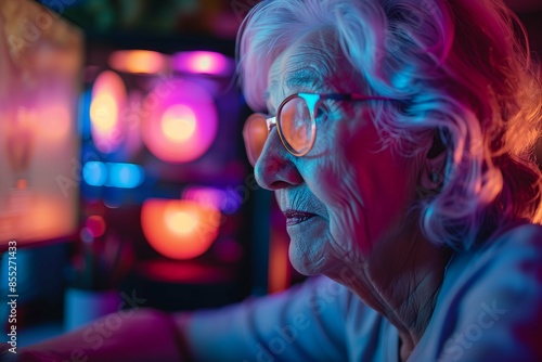 Gaming Setup Glows with RGB Lights, Senior Woman’s Tech Haven © Logo Artist