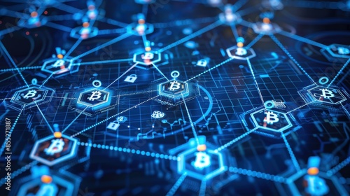 A stylized illustration of a cryptocurrency network with glowing blue lines and hexagonal Bitcoin symbols.