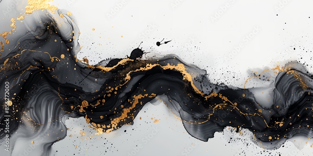 Obraz premium A black and gold swirl with gold flecks. The gold flecks are scattered throughout the swirl, creating a sense of movement and energy. The black and gold color combination creates a striking contrast