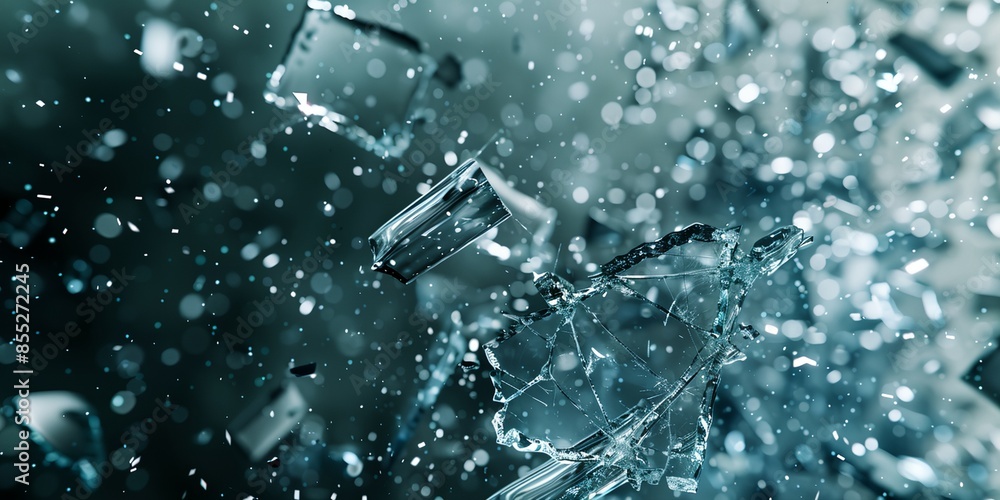 A blue background with many pieces of glass scattered around. Scene is chaotic and fragmented A blue background with many pieces of glass scattered around. Scene is chaotic and fragmented