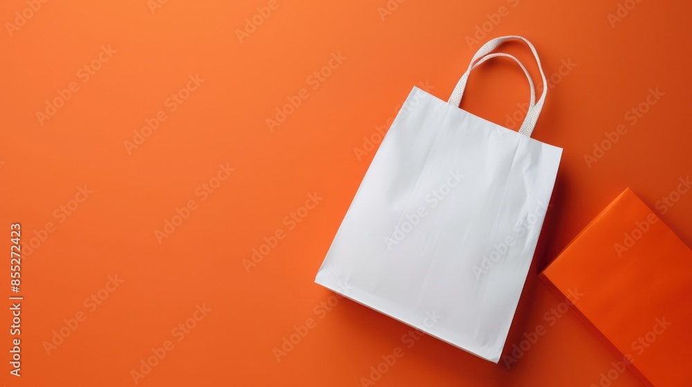 A minimalist image showcasing a white shopping bag on a vibrant orange backdrop, with ample copy space for design use A minimalist image showcasing a white shopping bag on a vibrant orange backdrop, with ample copy space for design use