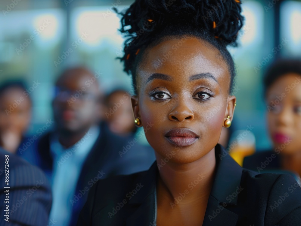 A professional woman in a business suit stares straight into the lens A professional woman in a business suit stares straight into the lens