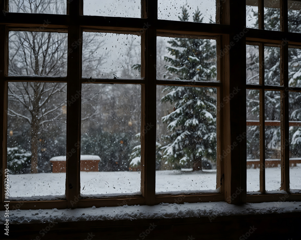 Fototapeta premium Image of snow falling outside an open double window at Christmas time design.
