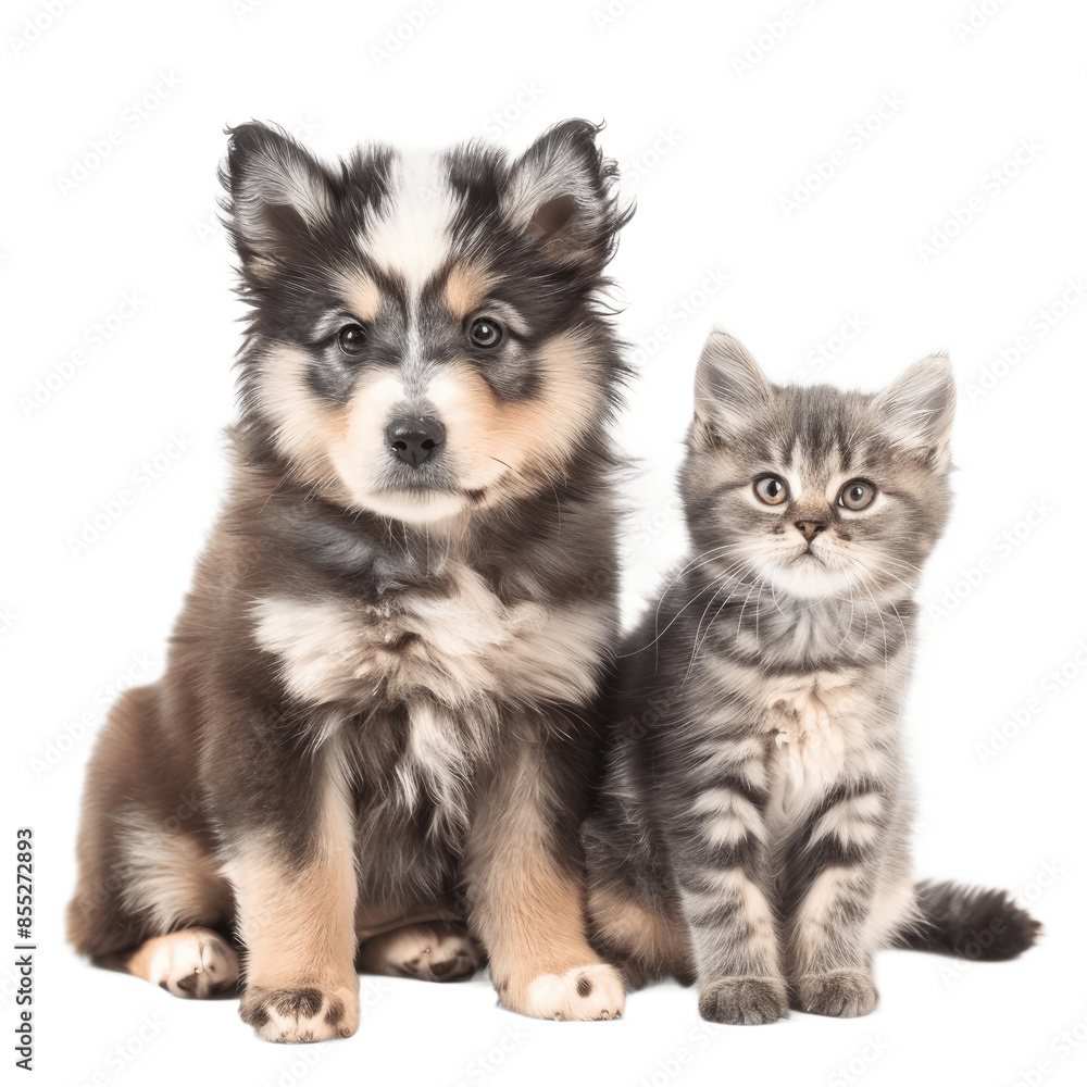 Adorable fluffy Pomsky dog pup sitting together with British Shorthair cat kitten Looking towards camera Isolated on transparent background PNG Adorable fluffy Pomsky dog pup sitting together with British Shorthair cat kitten Looking towards camera Isolated on transparent background PNG