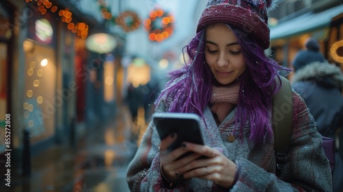 Woman With Purple Hair Looking at Cell Phone