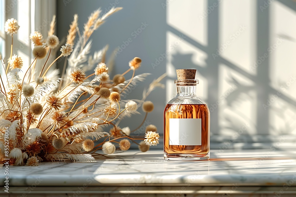 Fototapeta premium Perfume bottle with dry flowers on a window sill