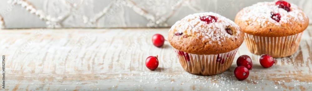 A banner with muffins decorated with fresh cranberries, with shiny sugar crystals on a sprinkle of cinnamon. A banner with muffins decorated with fresh cranberries, with shiny sugar crystals on a sprinkle of cinnamon.
