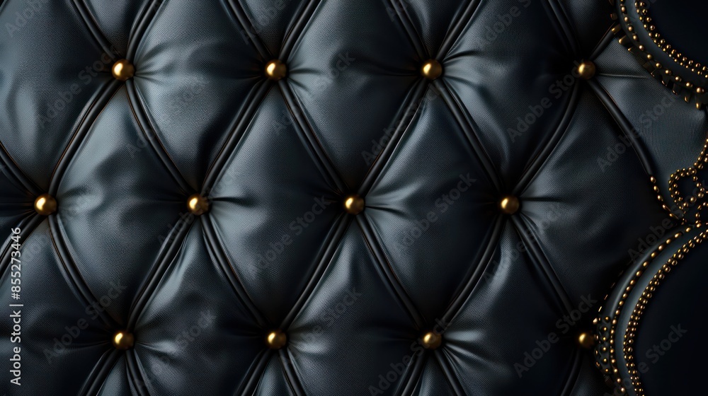 Fototapeta premium Elegant black tufted leather with golden button accents and ornamental stitching in a seamless pattern