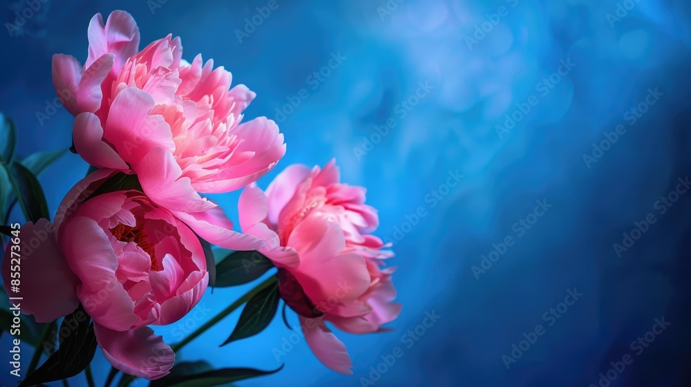 Two pink peonies in a vase placed against a blue background Two pink peonies in a vase placed against a blue background