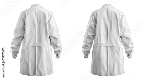 Blank white medical lab coat mockup side and back view 3d rendering Empty labcoat for therapist mock up Isolated on transparent background PNG