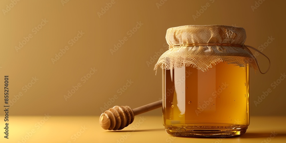 a jar of honey with a wooden spoon on a table next to it, with a brown background behind it a jar of honey with a wooden spoon on a table next to it, with a brown background behind it