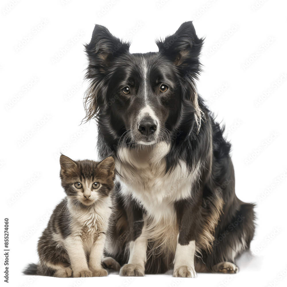 Border collie dog and kitten sit together Isolated on transparent background PNG Border collie dog and kitten sit together Isolated on transparent background PNG