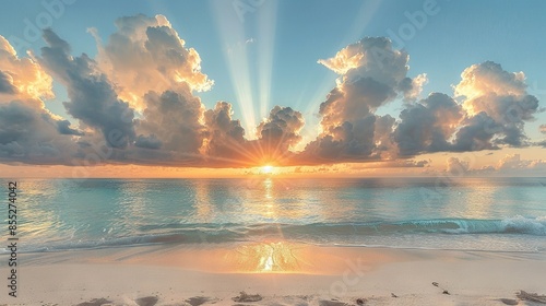   The sun sets over the ocean, casting clouds in the sky and highlighting a beach with footprints in the sand #855274042
