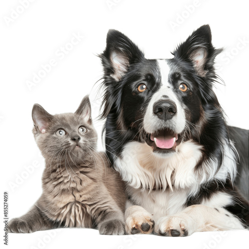 British Shorthair cat kitten and a border collie dog with happy expression together Isolated on transparent background PNG