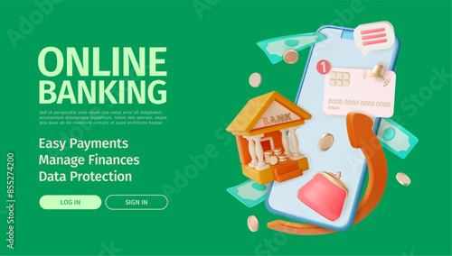 3d Online Banking Easy Payment Manage Finances Data Protection Concept Ads Banner Poster Card. Vector illustration