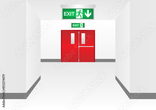 Emergency Fire Exit Sign in Corridor. Exit Sign. Fire Exit Sign. Vector Illustration.